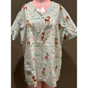 Christmas Rudolph the Red-Nosed Reindeer 2X Scrub Top Pockets V Neck